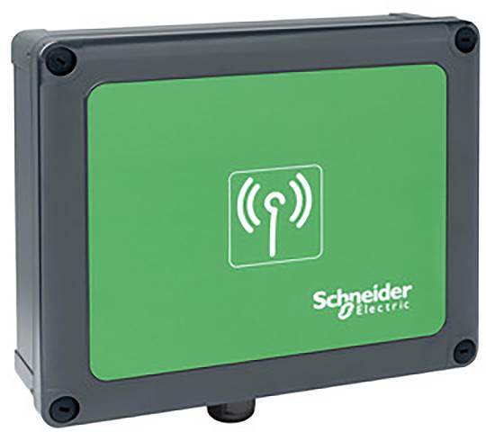 Appareil électrique de Schneider Electric avec un panneau frontal vert et un symbole de signal radio.