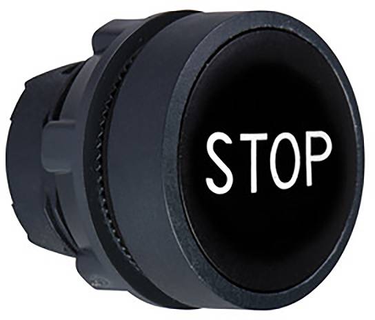 Bouton rond noir avec inscription blanche 'STOP'.
