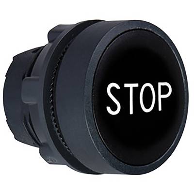 Bouton rond noir avec inscription blanche 'STOP'.