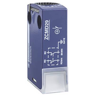 Capteur 'ZCMD29' d'Omron dans un boîtier bleu. Affiche des symboles de commutation et un schéma de connexion sur la face avant.