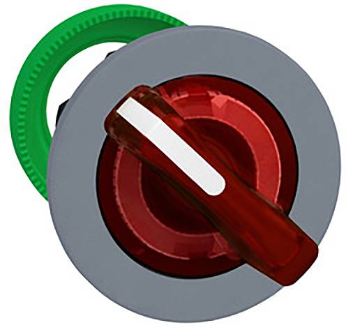 Un levier de commande rond, gris, avec une poignée rouge et un anneau vert, probablement un interrupteur de sécurité pour des appareils électriques.