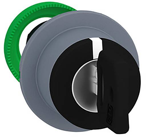 Un interrupteur rotatif noir avec un cadre gris et vert. L'interrupteur semble conçu pour la commande de machine ou des applications industrielles.
