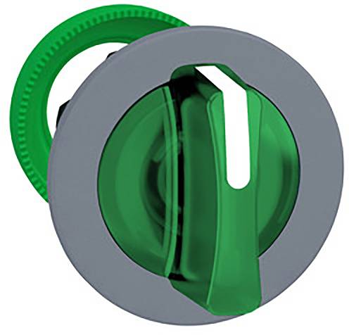 Un bouton rotatif vert et ajustable avec un cadre gris. Le bouton pointe vers le haut et pourrait être utilisé pour contrôler un appareil.