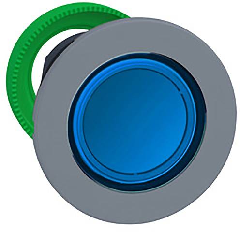 Représentation 3D d'un bouton bleu, entouré d'un engrenage vert, sur un fond gris.