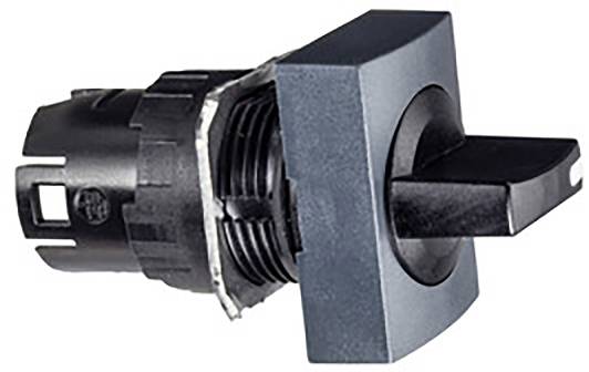 Un commutateur rotatif noir carré avec un axe central, représenté de profil, dans un environnement neutre.