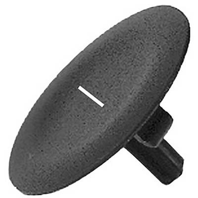 Un bouton en plastique noir rond avec une petite tige à sa base pour la fixation.