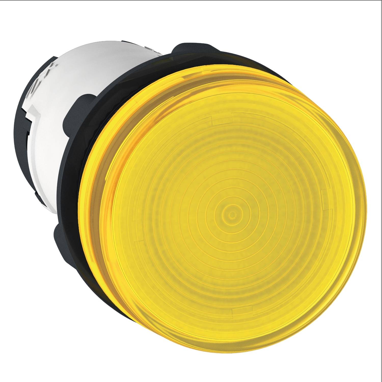 Un voyant d'avertissement jaune au design circulaire, généralement utilisé pour indiquer des états de fonctionnement ou des avertissements dans les installations industrielles.