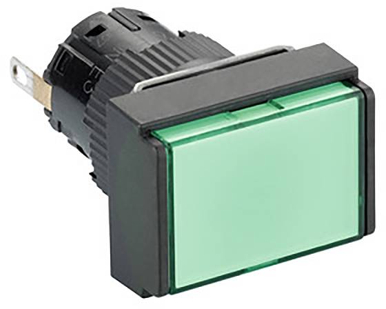 Un bouton-poussoir rectangulaire vert avec un contour noir, adapté au contrôle ou à l'activation dans des appareils électroniques.