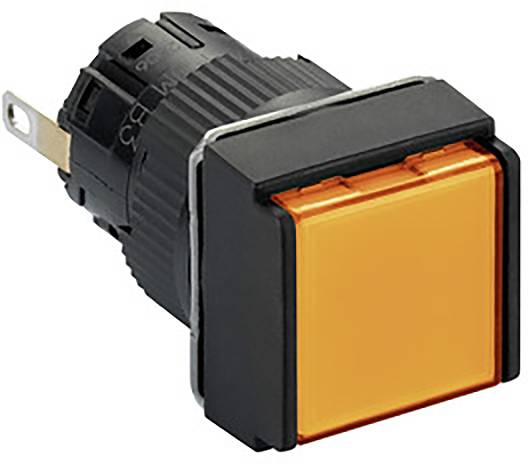 Un bouton-poussoir carré orange avec un boîtier noir et des connexions, utilisé pour le contrôle de dispositifs.