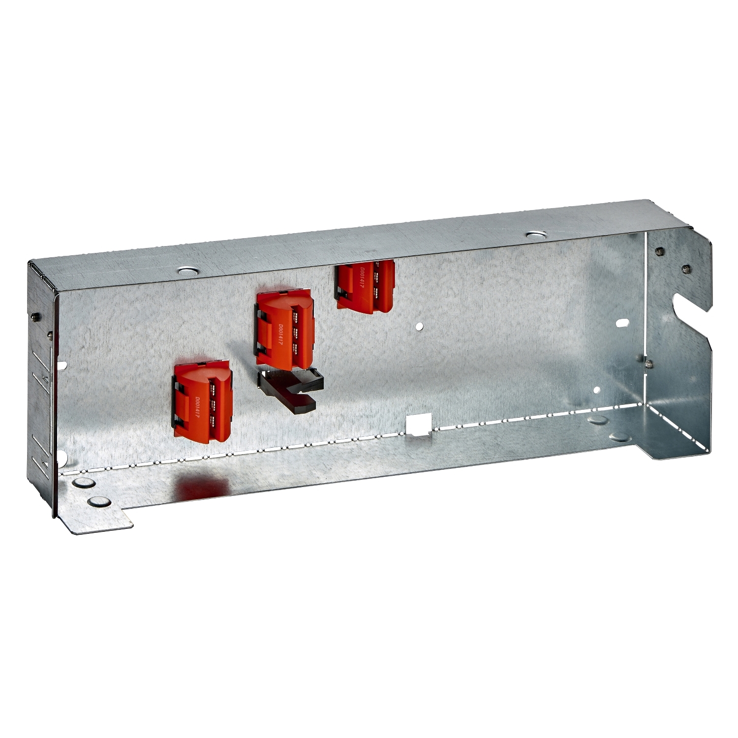 Boîtier métallique avec plusieurs composants électriques rouges pour montage et fixation. Adapté aux applications industrielles.