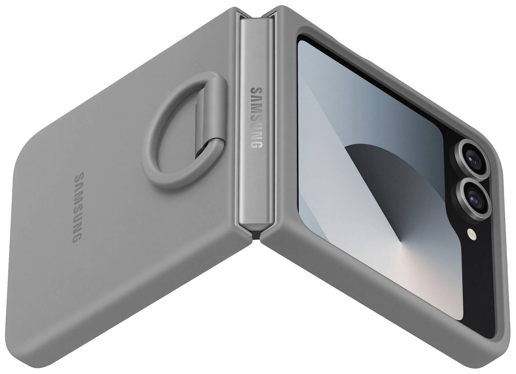 Smartphone gris à clapet avec double objectif photo, design pliable et logo 'Samsung' sur le boîtier.