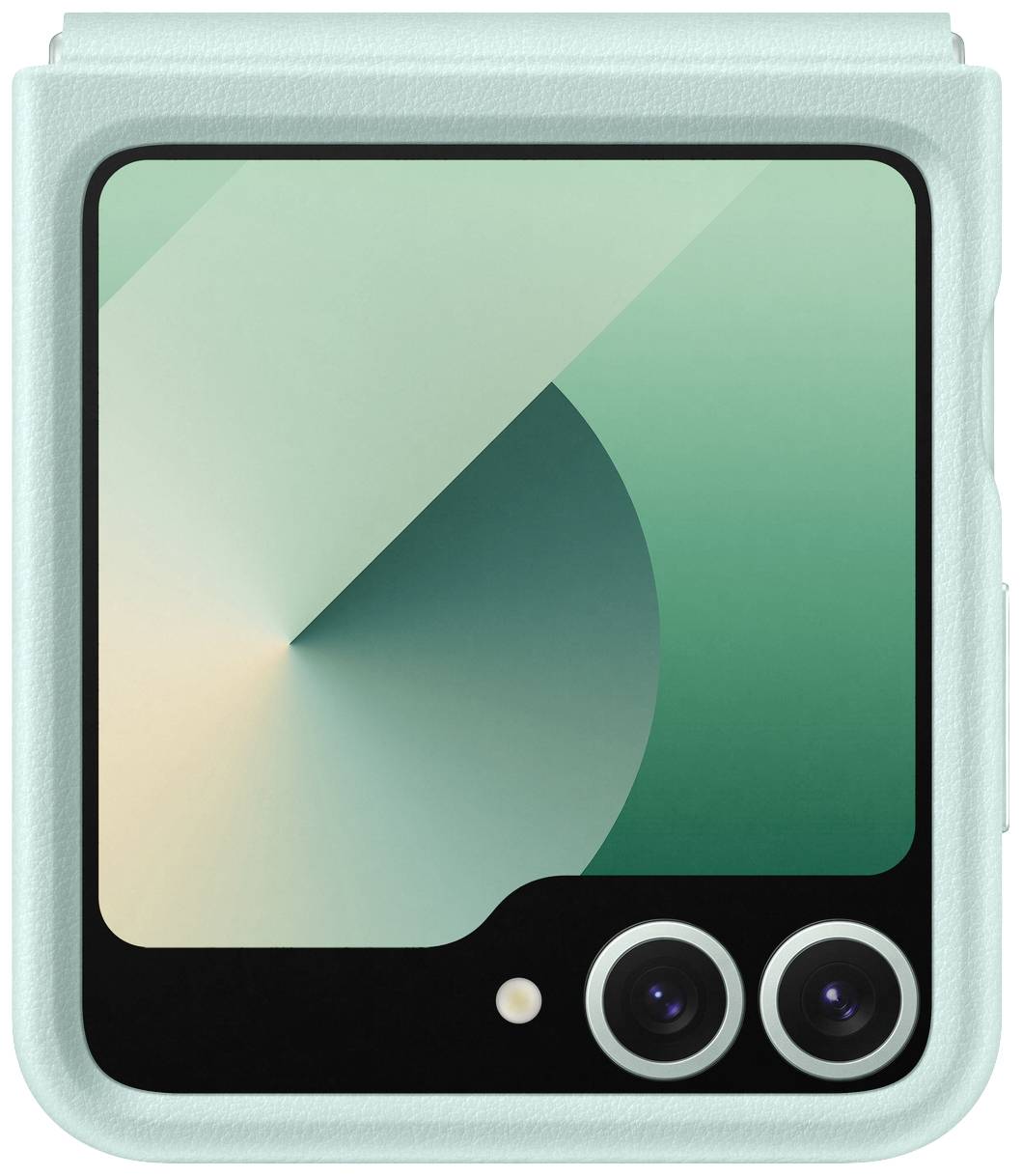 Un smartphone pliant avec un design de couverture élégant et minimaliste en vert pastel et deux caméras à l'arrière.