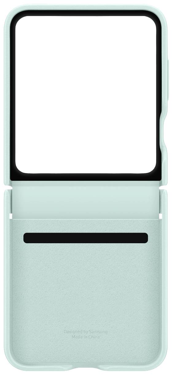 Une housse de protection bleu clair pour un smartphone pliable, ouverte et vide, avec un trou pour la caméra et une fente horizontale.