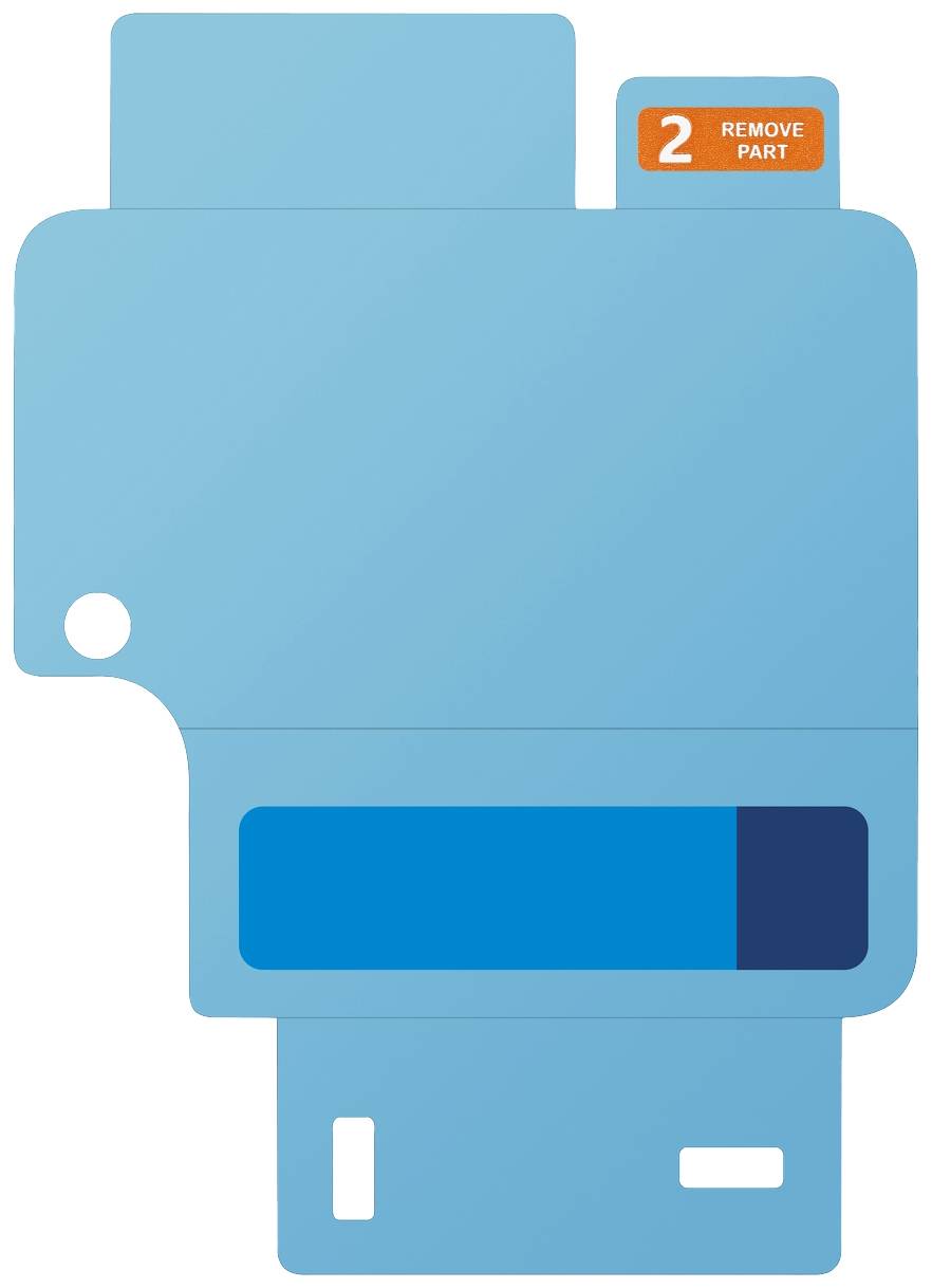 Symbole bleu abstrait avec un marquage orange en haut à droite indiquant 'REMOVE PART'. Instructions pour le retrait d'une partie.
