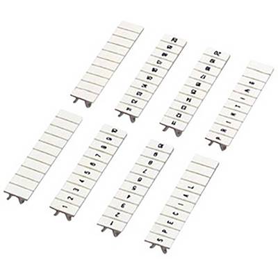Huit bandes blanches portant des lettres noires, alignées à angle droit. Chaque bande porte différentes combinaisons de lettres.