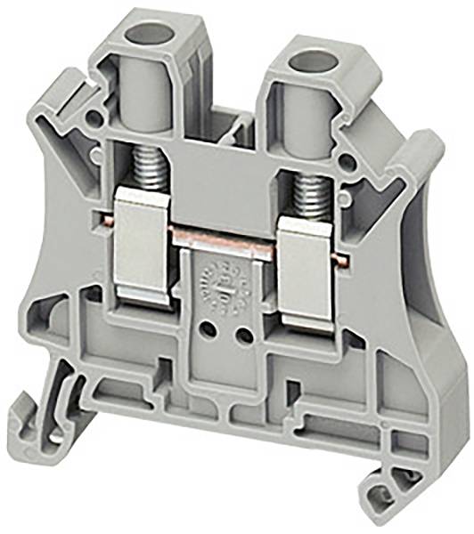 Borne électrique grise avec deux contacts métalliques et des vis. Utilisée pour fixer et connecter des câbles dans des circuits électriques.