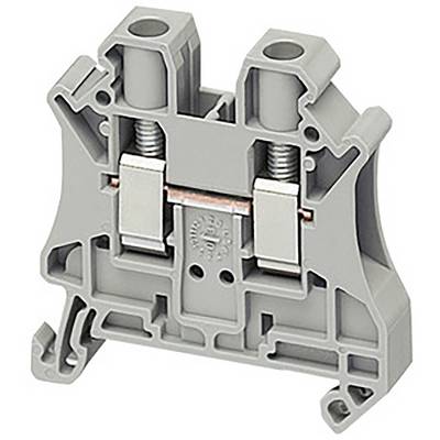 Borne électrique grise avec deux contacts métalliques et des vis. Utilisée pour fixer et connecter des câbles dans des circuits électriques.