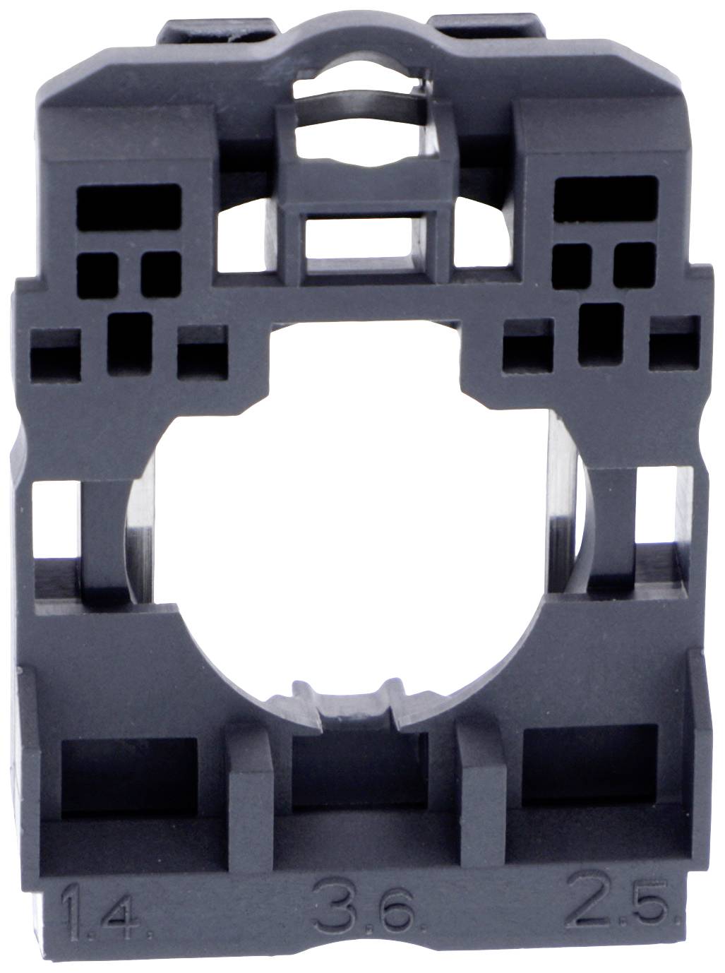 Support en plastique avec une ouverture circulaire, probablement destiné à des applications techniques ou électriques. Les nombres 1.4, 3.6, 2.5 sont imprimés dessus.