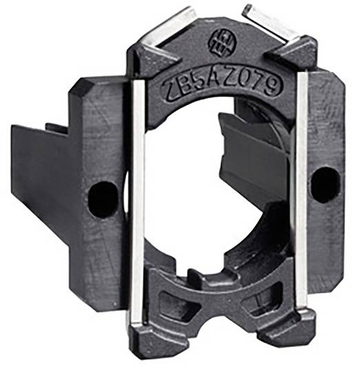 Un élément en plastique noir avec un cadre rectangulaire et une ouverture cylindrique, probablement un support mécanique ou un adaptateur.