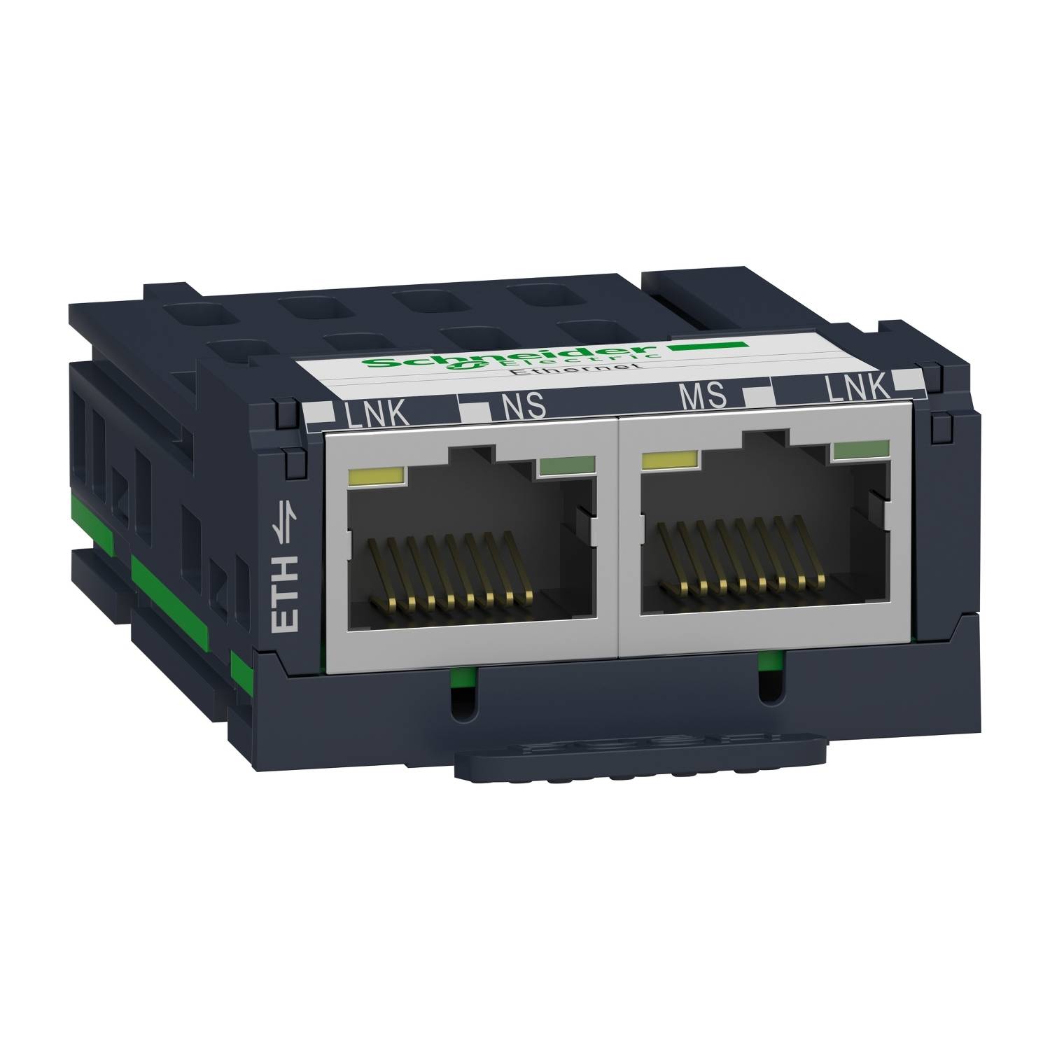 Deux ports Ethernet dans un module noir avec des marquages verts et gris. « ETH » est imprimé au-dessus.