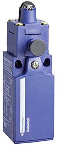 Un interrupteur de fin de course bleu avec mécanisme à levier, monté sur une surface verticale. Boîtier nervuré composé de pièces métalliques et en plastique.