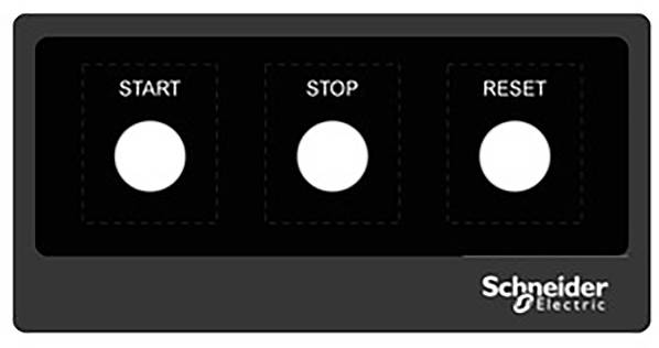 Panneau de commande noir avec trois touches blanches : 'DÉMARRER', 'ARRÊTER' et 'RÉINITIALISER'. Étiqueté 'Schneider Electric'.