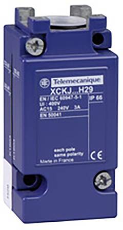 Un interrupteur de fin de course bleu de Telemecanique, de modèle 'XCKJ H29', adapté pour des applications jusqu'à 500 V, fabriqué en France.