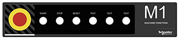 « Touche d'arrêt d'urgence et panneau de commande avec six boutons : Démarrer, Arrêter, Réinitialiser, Test, Test, Test, Fonction machine M1. Schneider Electric. »