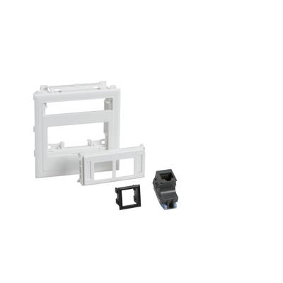 Un système modulaire enfichable avec différents composants en blanc et noir, comprenant un cadre et un module de connexion.