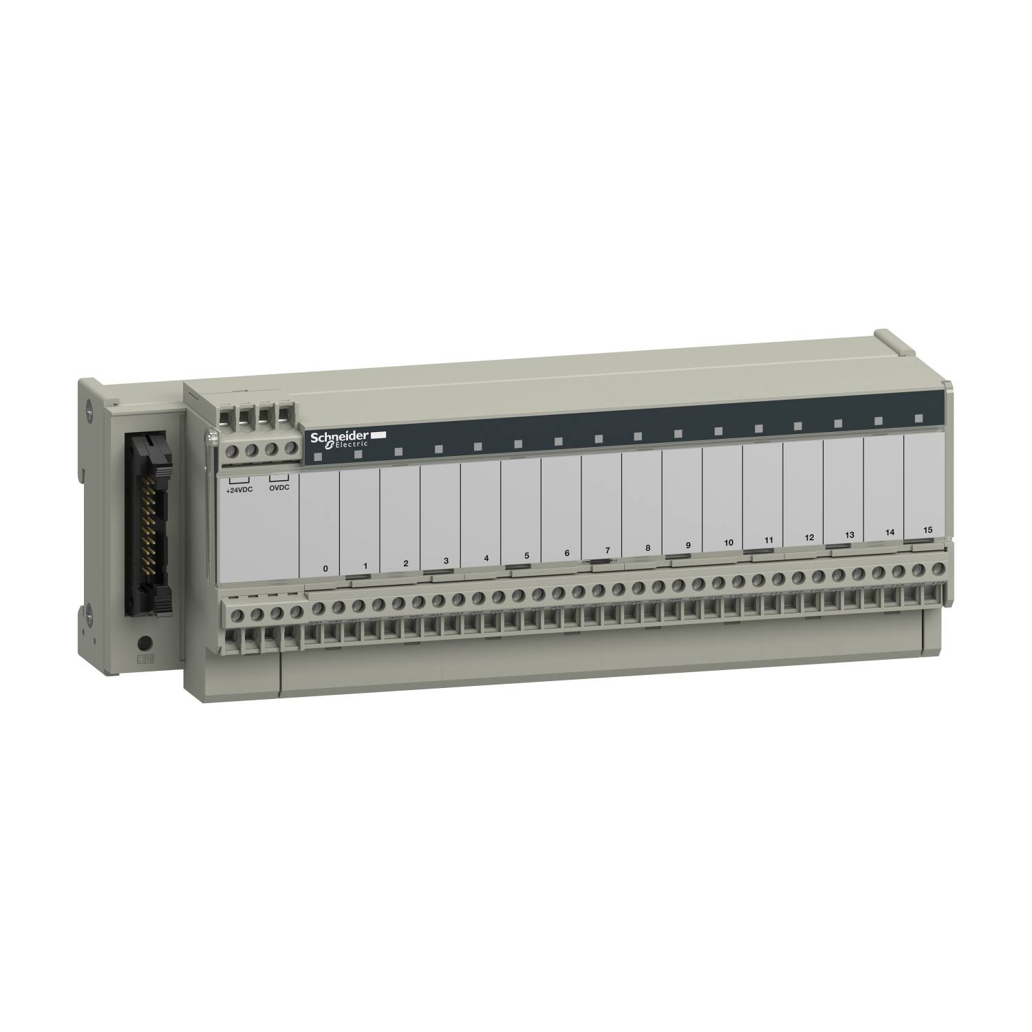 Un module gris rectangulaire avec plusieurs connexions numérotées et un connecteur latéral, faisant partie d'un système d'automatisation industrielle.