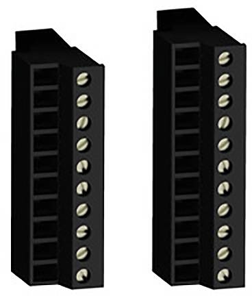 Deux supports en plastique noir et allongés dans un connecteur électrique, chacun équipé de cinq vis en argent.