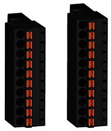 Connecteurs noirs avec des contacts orange, disposés côte à côte, pour des applications électroniques.