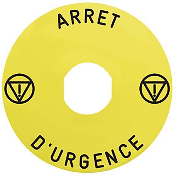 Panneau d'arrêt d'urgence jaune avec l'inscription 'ARRET D'URGENCE' et deux symboles d'avertissement sur les bords.
