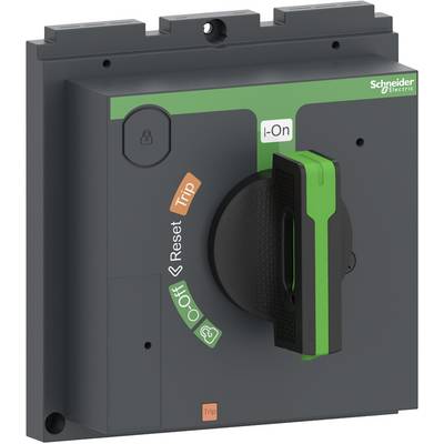 Un interrupteur de Schneider Electric avec les positions 'I-On', 'Déclenchement', 'Réinitialisation' et 'Arrêt'. Le levier est sur 'I-On'.