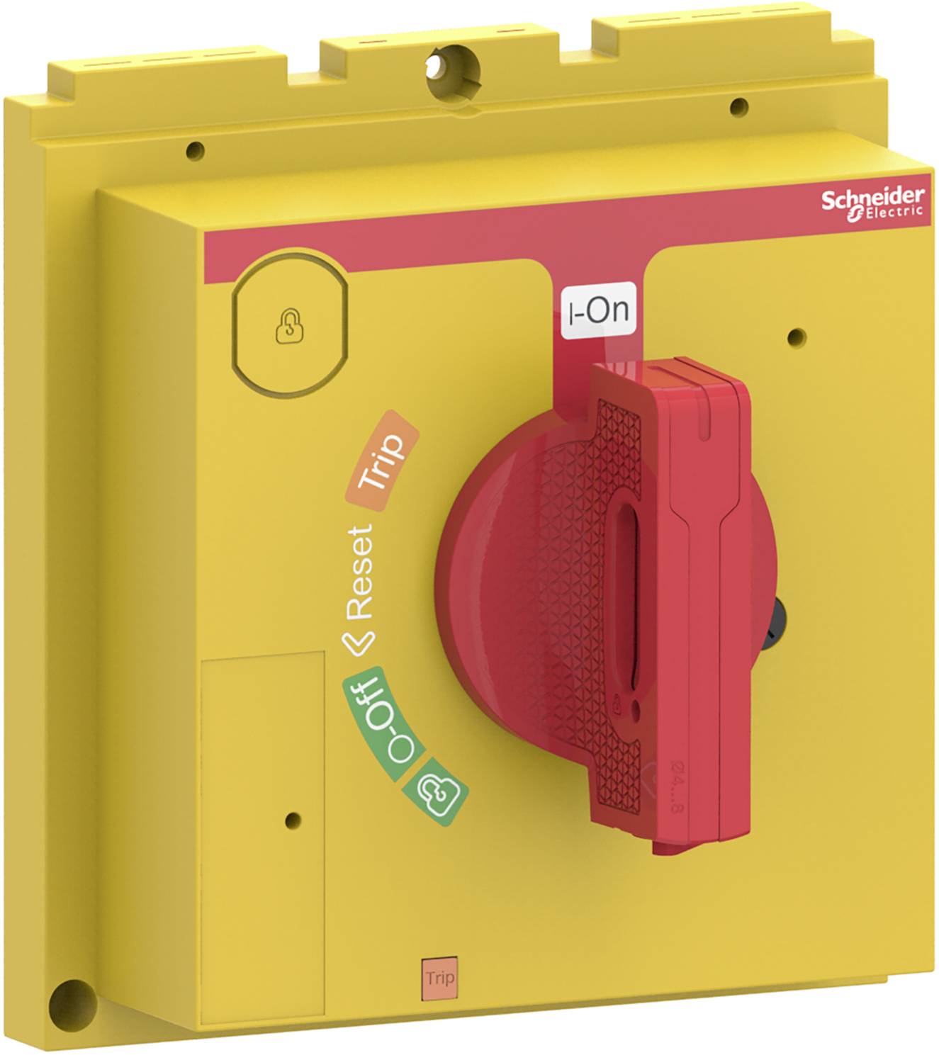 Bouton d'arrêt d'urgence jaune de Schneider Electric avec poignée rouge et inscriptions "Off", "Reset", "Trip" et "On".