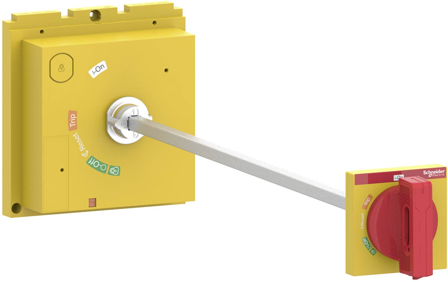 Dispositif de commutateur d'urgence industriel avec boîtier jaune et poignée rouge, reliés par une tige métallique.