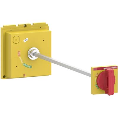 Dispositif de commutateur d'urgence industriel avec boîtier jaune et poignée rouge, reliés par une tige métallique.
