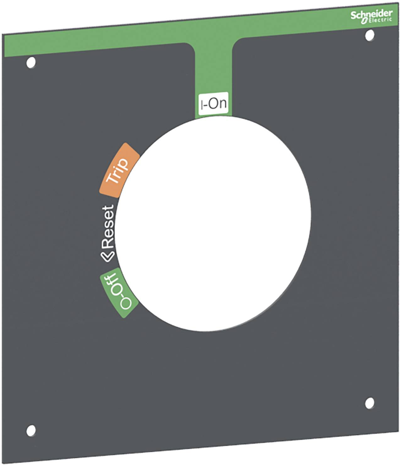 Image d'un tableau de commande avec des étiquettes : en haut 'I-On', à gauche 'Trip', 'Off', 'Reset'. Logo du fabricant en haut à droite.