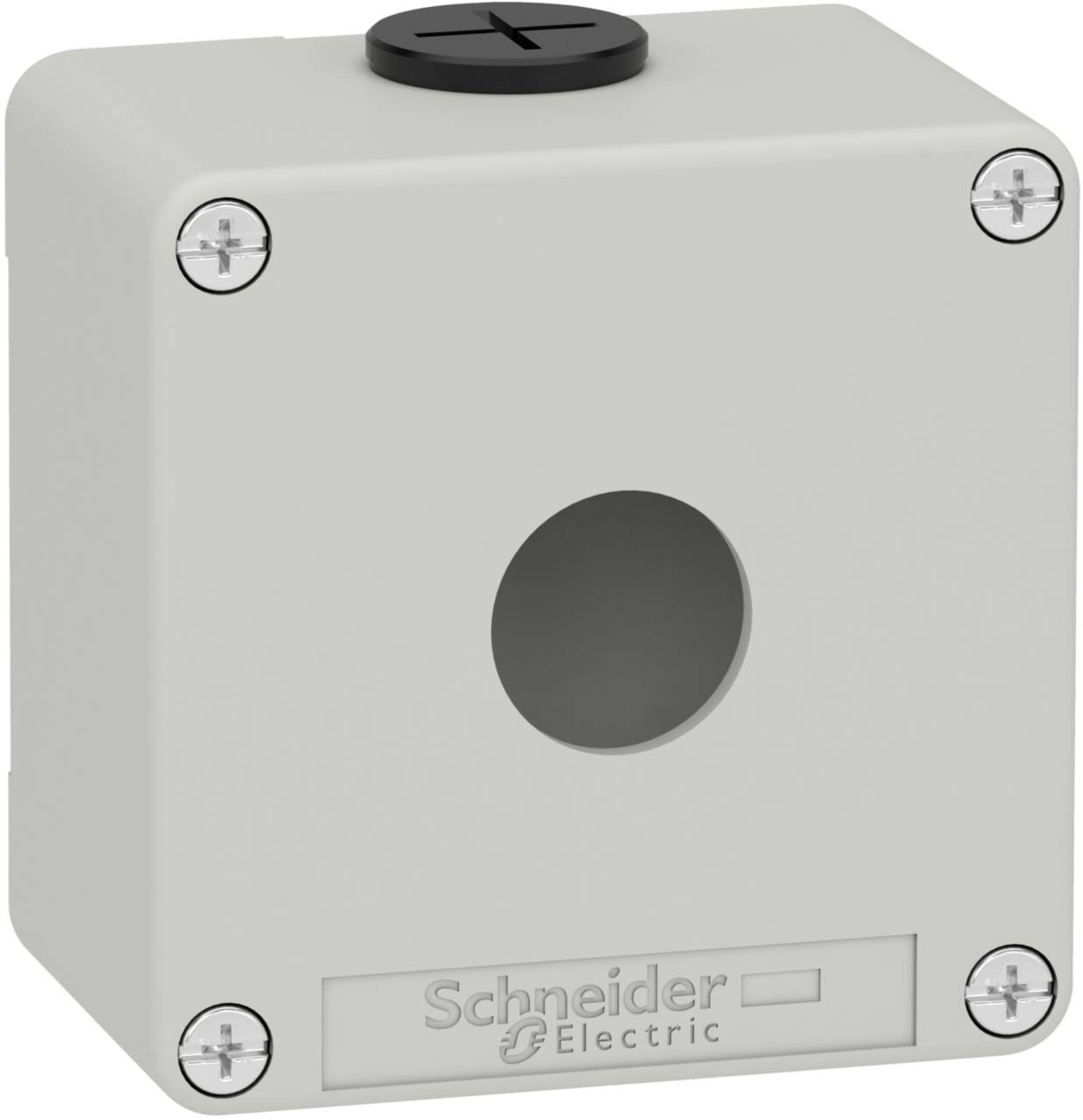 Boîtier rectangulaire gris avec un perçage central et des vis aux angles, portant la mention 'Schneider Electric'.