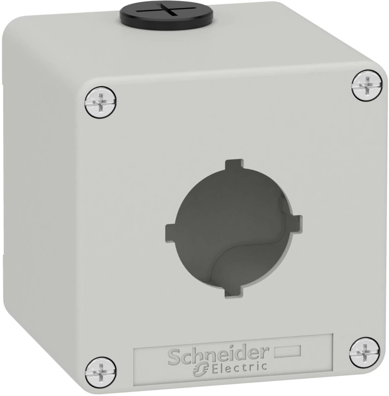 Boîtier en plastique gris aux angles arrondis, portant l'inscription 'Schneider Electric', avec un grand trou central et quatre trous de vis.