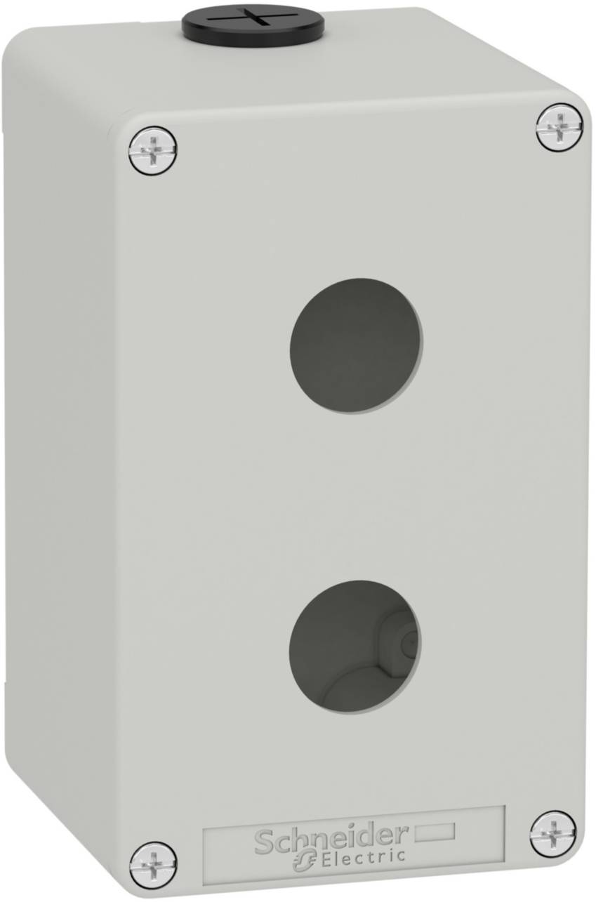 Boîtier métallique avec deux ouvertures rondes pour interrupteurs ou boutons électriques, adapté aux applications industrielles.