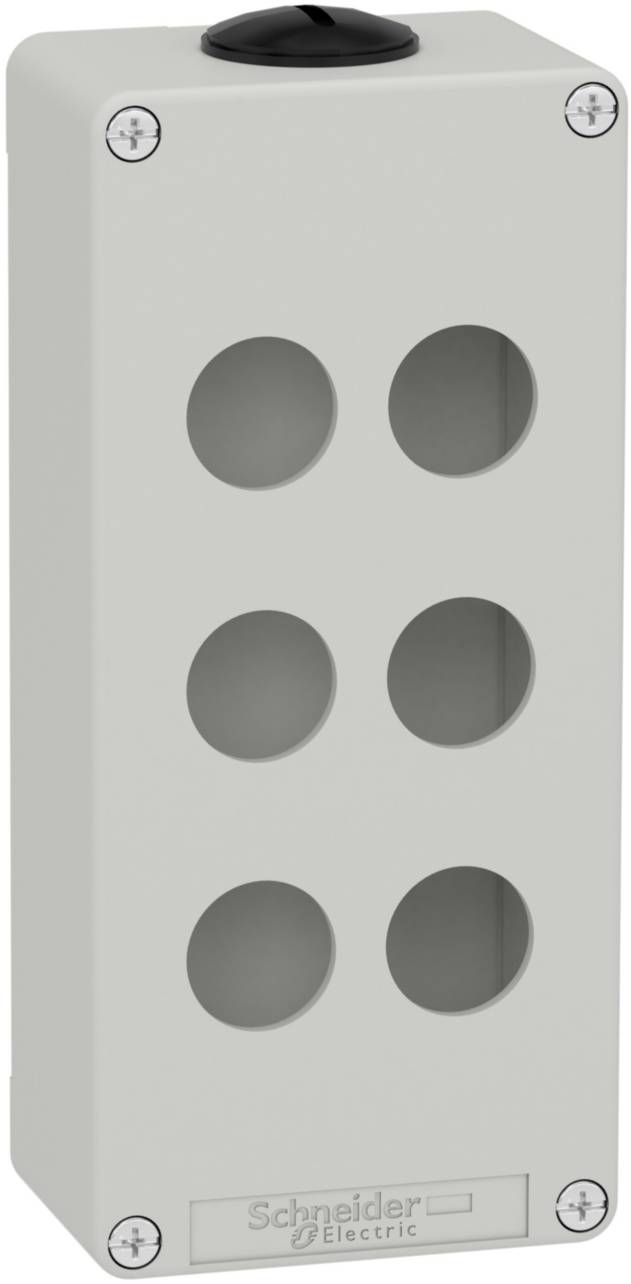 Boîtier en métal gris avec six ouvertures circulaires disposées en deux rangées. Un élément noir est situé en haut. Le logo "Schneider Electric" est placé en bas.