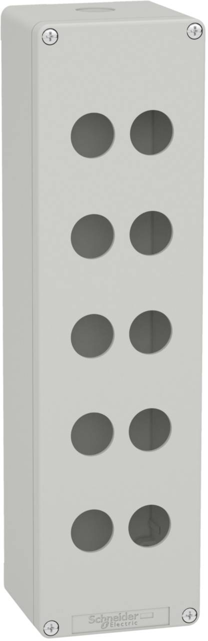 Boîtiers pour tableaux de commande de Schneider Electric, avec huit découpes circulaires pour le montage de boutons ou d'indicateurs.