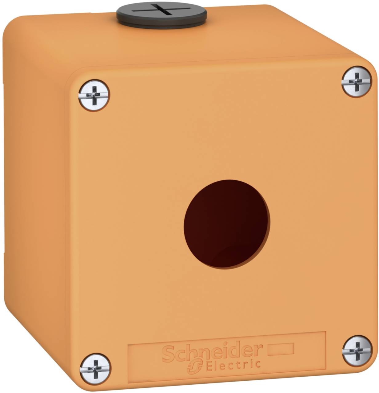 Boîtier en plastique orange de Schneider Electric avec des vis aux angles et une ouverture centrale.