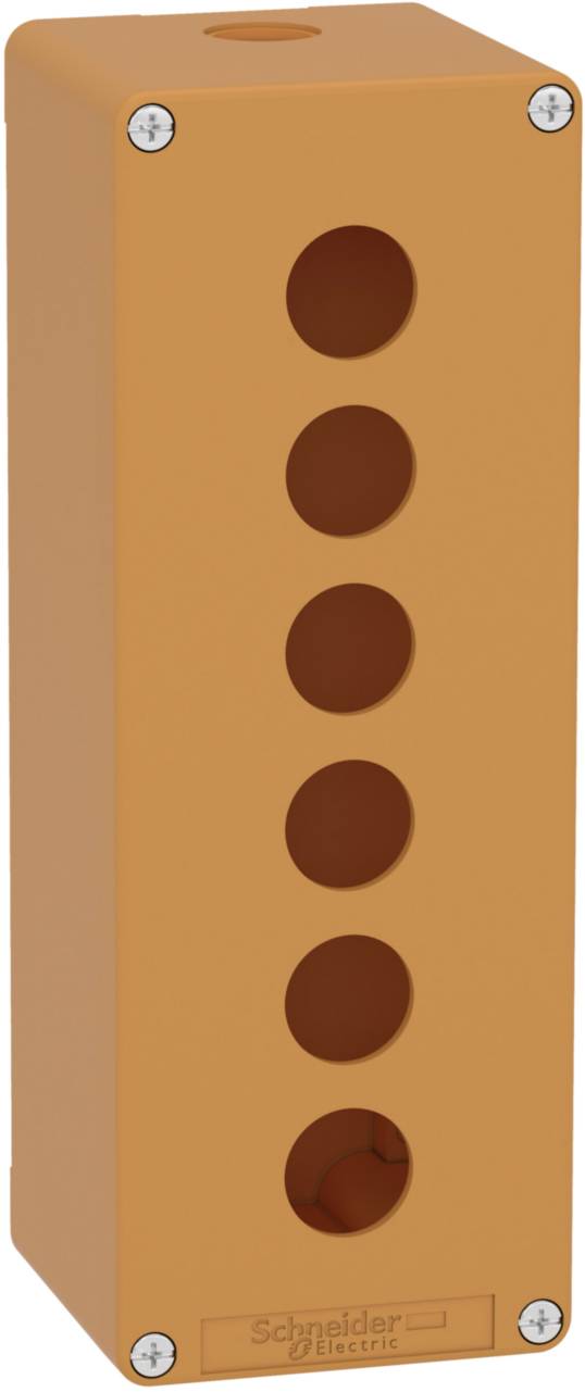 Boîte de sécurité orange à six ouvertures rondes sur l'avant. Adaptée aux environnements industriels pour le montage d'éléments de commande.