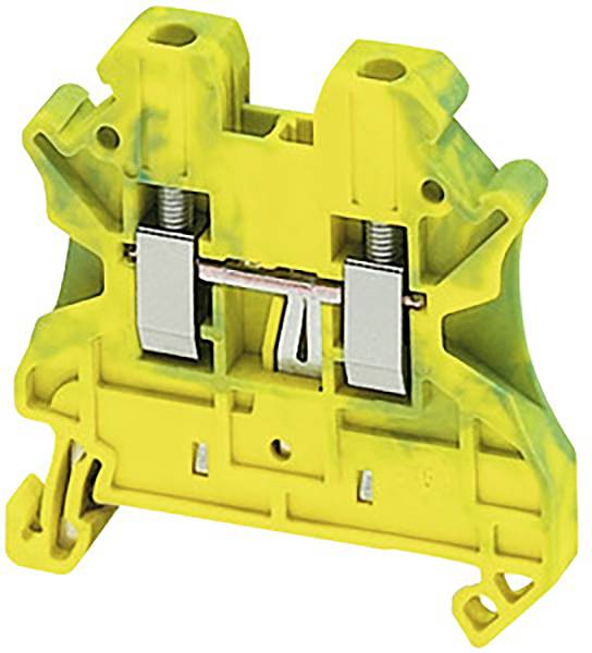 Barrette de connexion électrique jaune-verte avec deux vis et contacts métalliques, utilisée pour raccorder des fils dans des circuits électriques.