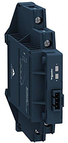 Un boîtier électronique bleu avec des connexions à vis et à fiches, probablement un relais ou un interrupteur dans un environnement technique.