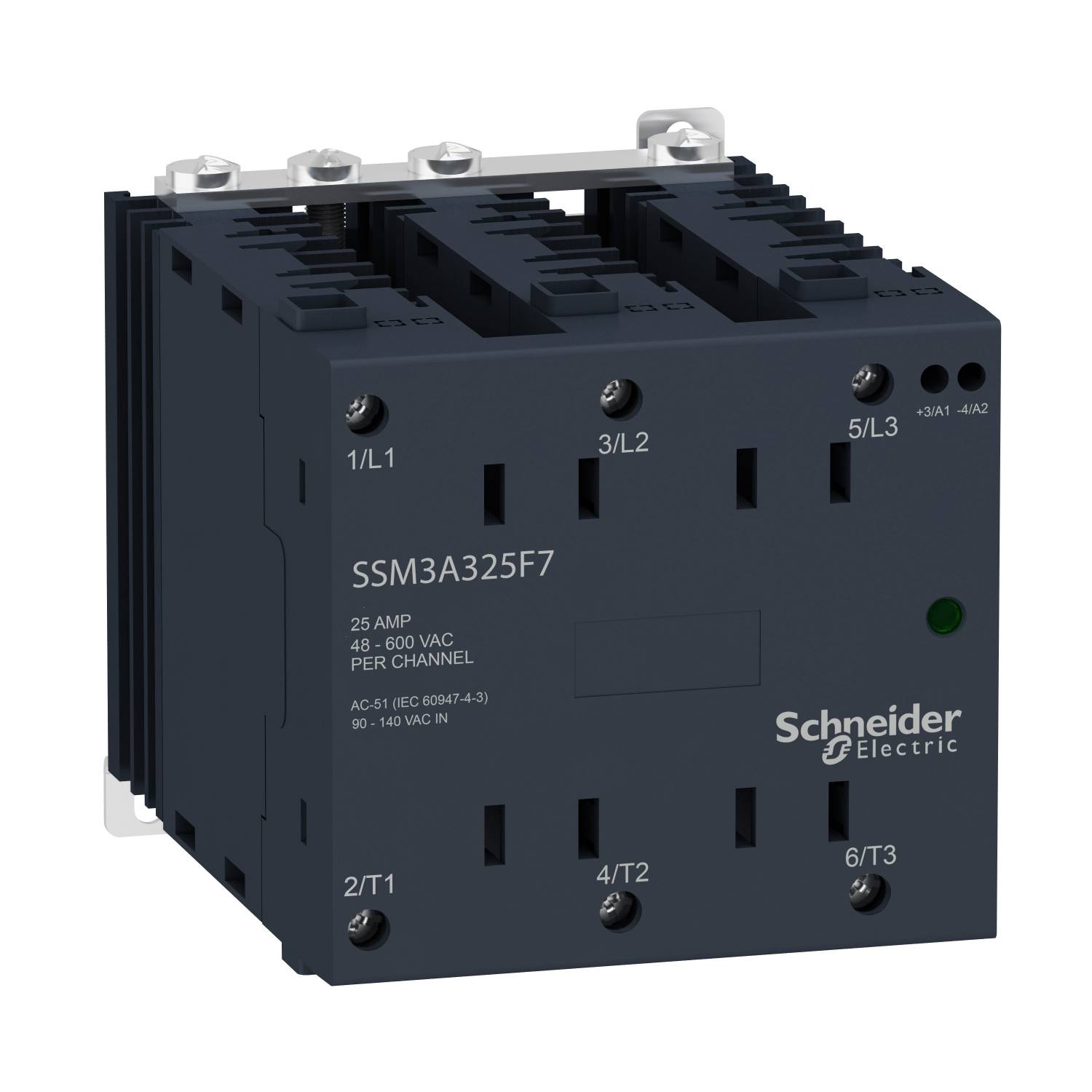 Relais électronique 'Schneider Electric SSM3A325F7', 25 ampères, 48–600 VAC, indication de puissance nominale à l'avant.