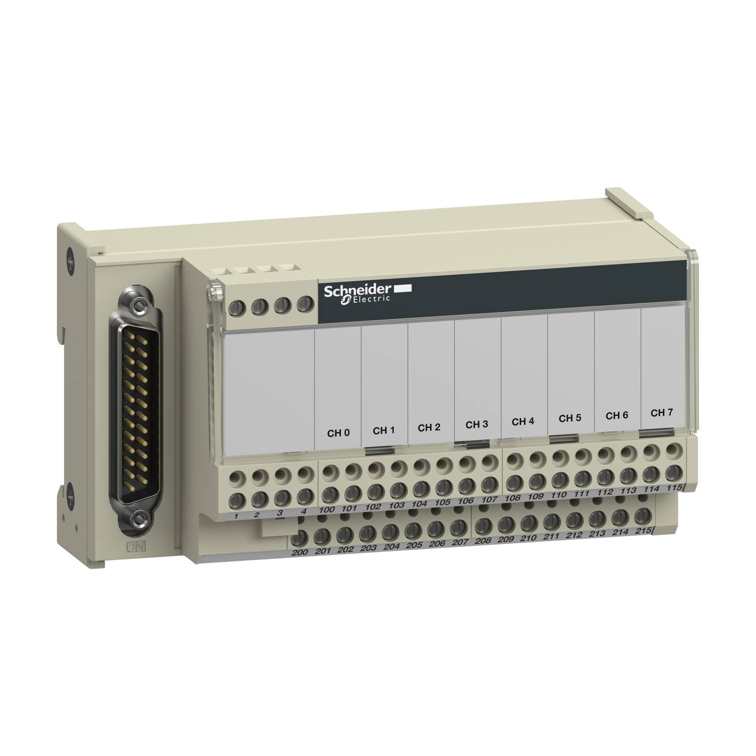 Unité de contrôle industrielle de Schneider Electric, avec des connexions pour plusieurs canaux, étiquettes et bornes de raccordement.