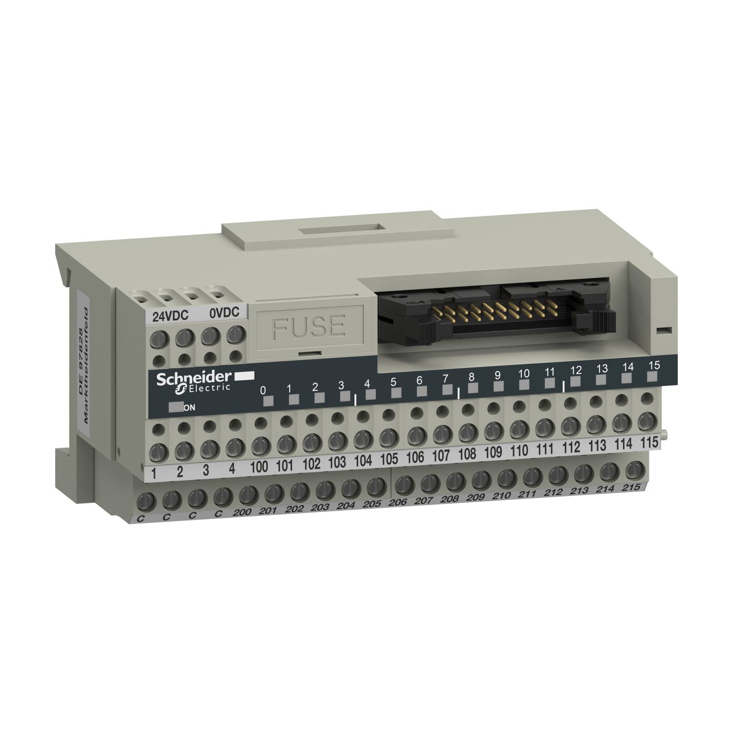 Un bloc de connexion électrique gris de Schneider Electric avec des bornes et des étiquettes. Entrées pour 24VDC et 0VDC visibles.